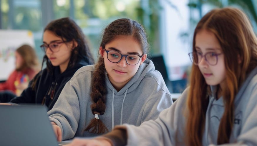 Girls coding on laptops