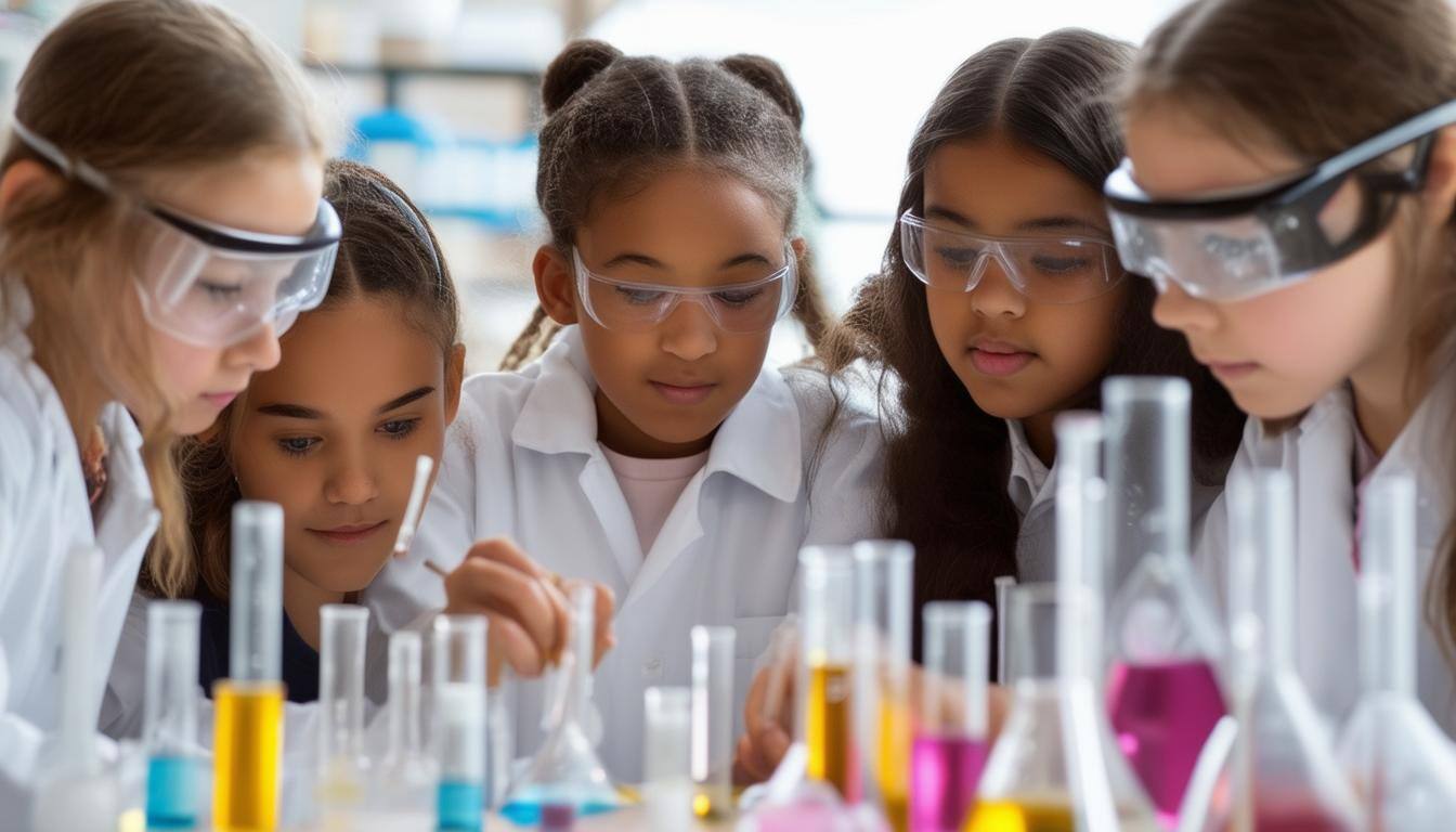 Diverse group of girls participating in a science experiment